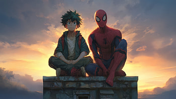 Izuku Midoriya And Spider Man Together At Sunset, izuku-midoriya, spiderman, anime, artwork, art, digital-art, my-hero-academia, artist, deviantart, ai HD wallpaper