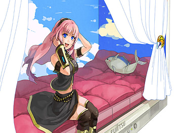 Megurine Luka, tuna, awesome, nice, digital, fish, bed, girl, headset, singer, pink hair, anime, pretty, megurine, virtual, luka, black, song, heads, cute, vocaloid, beauty, music, vocaloids, program, curtains, beautiful, diva, , cool, clouds, sky, idol, micro HD wallpaper