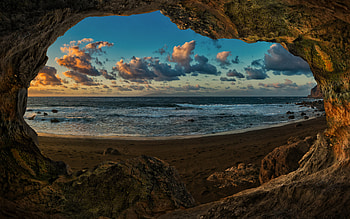 Canary Islands, , sunset, cave, grotto, cliffs, Gran Canaria, beautiful nature, R, Atlantic ocean HD wallpaper