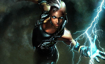 Storm, games, xmen, x men, lone, female, blue eyes, electricity, x-men, gloves, lightning, anime, white hair, video games, vest, mohawk, glowing eyes HD wallpaper