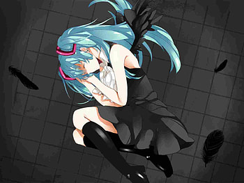 Sleeping Miku, blue, black, feathers, resting, cute, angel, vocaloid, sleeping, dress, beauty, nice, miku, vocaloids, hatsune, thighhighs, wings, white, hatsune miku, twintail, blue hair, awsome, rest, anime, pretty, cool HD wallpaper