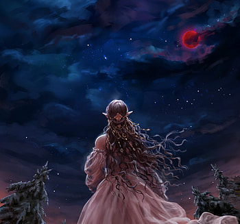 Elf lady observing sky, moon, red, luna, ameera sheikh, girl, princess, night, blue, art, fantasy HD wallpaper