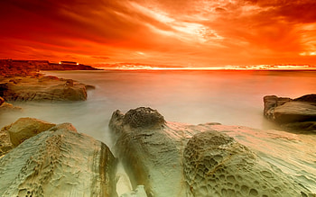 ORANGE SKY, sky, orange, rocks, beach HD wallpaper