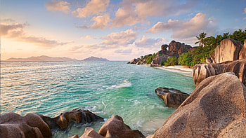 superb tropical seacoast, palms, sea, coast, sky, rocks, beach HD wallpaper