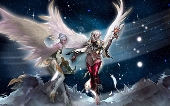 Lineage II, Mountain peaks, Kamael crossbow, Game characters HD wallpaper