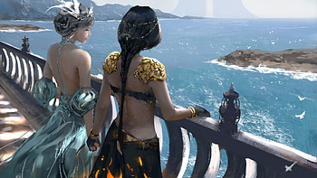 Waiting at the sea, digital, art, girls, balcony, water HD wallpaper