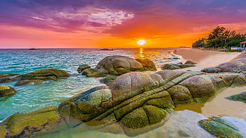 Tropical Beach At Sunset, sky, rocks, sea, clouds, colors, sun HD wallpaper