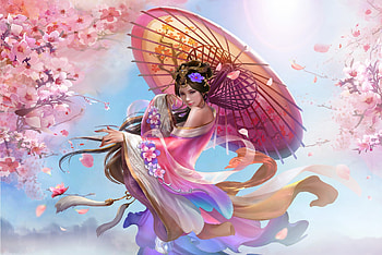 Girl with parasol, frumusete, gorgeous, parasol, girl, xiao liang, spring, superb, wind, pink, fantasy, flower, sakura, luminos HD wallpaper