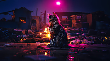 Maine Cool Cat Sits By A Fire, cat, fire, artwork, art, digital-art, ai, artist HD wallpaper