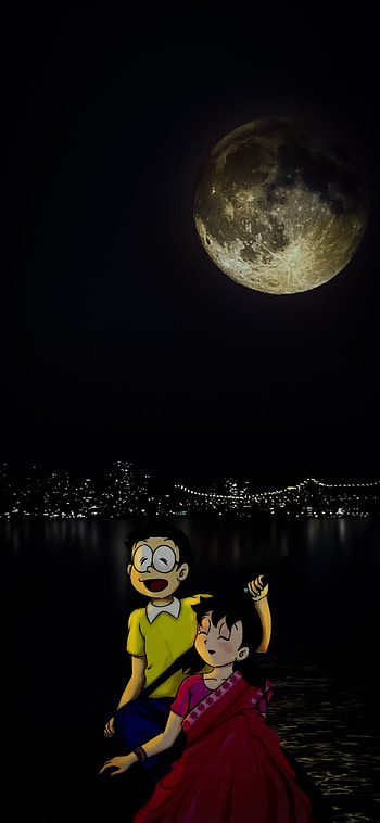 Nobita & suzuka, sky, moon HD phone wallpaper