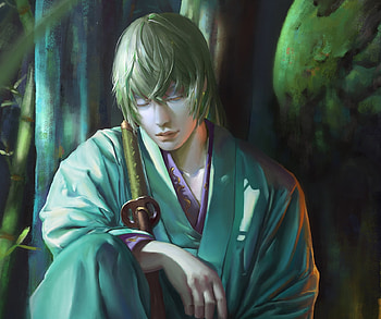 Tired samurai, kimono, peter kwok, fantasy, art, samurai, green, man, katana HD wallpaper
