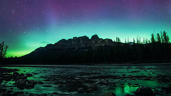 Aurora dancing over Castle Mountain, Banff National Park, colors, night, landscape, lake, canada HD wallpaper