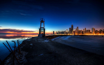 Sunset, sea, skyline, city lights, architecture, city, peaceful, beautiful, beauty, buildings, skyscrapers, lights, building, view, splendor, lovely HD wallpaper