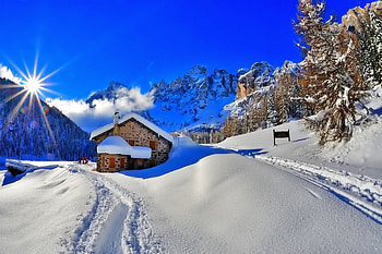 Winter Landscape, winter, house, landscape, trees, road, nature, mountains, sunset HD wallpaper