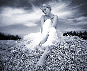 In white, girl, grass, model, black and white HD wallpaper