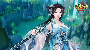 Fantasy girl, blue, happy lakes, frumusete, sword, asian, girl, fantasy, green, luminos HD wallpaper