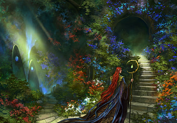 Queen's garden, green, garden, anndr, girl, elf, art, pazyniuk, fantasy, red, queen HD wallpaper