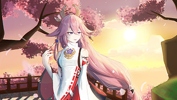 Pink Long Hair Yae Miko Guuji With White Dress Blossom Flowers Trees Genshin Impact HD wallpaper