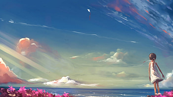 Lovely day, girl, sky, anime, flower HD wallpaper