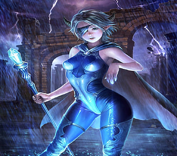 Young Demon Sorceress, sorceress, staff, horns, fantasy, demon HD wallpaper