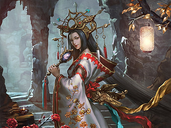 Amaterasu, kimono, frumusete, asian, girl, fan, hand fan, fantasy, nethvn, luminos, lantern, princess HD wallpaper