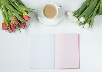 A serene flat lay of tulips, a notebook, and a coffee cup on a white surface, perfect for creative inspiration. HD wallpaper