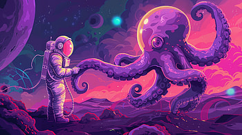 Cosmic Encounter, Sci Fi, astronaut, octopus, space, surreal HD wallpaper