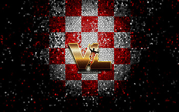 Victoria Libertas Pallacanestro, glitter logo, LBA, red white checkered background, basketball, italian basketball club, Victoria Libertas Pallacanestro logo, mosaic art, Lega Basket Serie A, US Victoria Libertas Pallacanestro HD wallpaper
