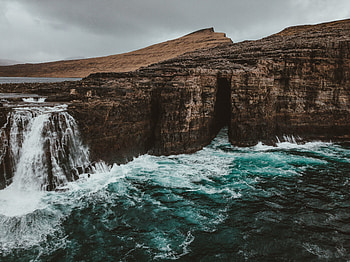 Coast, waterfall, landscape, water current, sea HD wallpaper