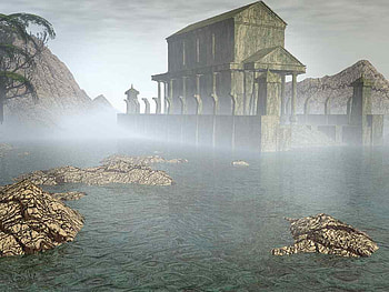 The Mist, buildings, art, clouds, trees, sky, water, rocks, for HD wallpaper