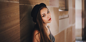 Brunette, small cap, girl model, portrait HD wallpaper