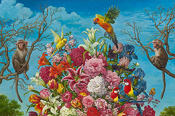 Falling in my dream, blue, monkey, bird, art, yana movchan, pink, painting, pictura, flower, maimuta, pasari, parrot HD wallpaper