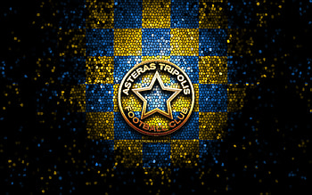 Asteras Tripolis FC, glitter logo, Super League Greece, blue yellow checkered background, soccer, greek football club, Asteras Tripolis logo, mosaic art, football, FC Asteras Tripolis HD wallpaper