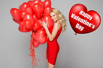 Happy Valentine's Day, balloons, model, dress, blonde, holiday HD wallpaper