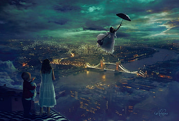 Mary Poppins, night, umbrella, flying, girl, dark, adriana madrid, fantasy, lights, luminos HD wallpaper
