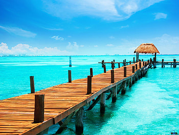 Pier in Tropical Sea, sea, tropical, clouds, pier, sky, nature HD wallpaper