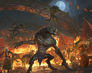 Werewolf, moon, fantasy, yellow, lie setiawan, wolf, fire, night, halloween, luna HD wallpaper