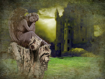 Angel of the Garden, garden, angel, digital art, castle HD wallpaper