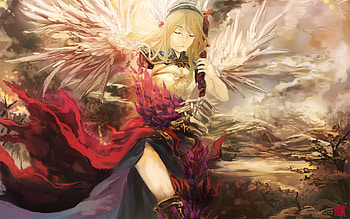 The Maiden of Odin, sexy, wings, hot, cute, beautiful, angel, beauty, anime girl, angelic, blonde hair HD wallpaper