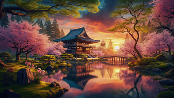 Beautiful Temple in Japan, Japan, temple, sakura, sunset, pond HD wallpaper