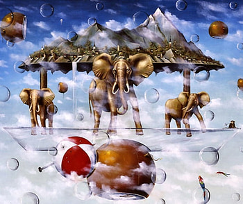 A Fragile World , art, surrealist, beautiful, surreal, artwork, elephants, surrealism, painting, abstract, bubbes, sky, mountains HD wallpaper
