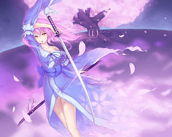 Saigyouji Yuyuko, kimono, cherry blossom, touhou, short hair, girl, petal HD wallpaper
