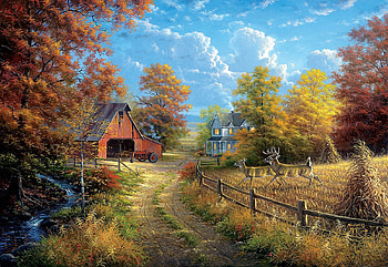 Down the country road, artwork, barn, painting, deer, fence, clouds, trees, sky HD wallpaper
