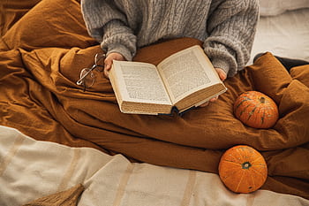 A person reading a book in a cozy setting with pumpkins, embodying autumn relaxation. HD wallpaper