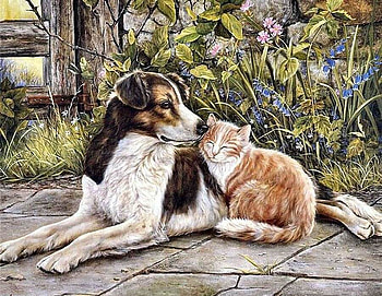 Shirley Deaville. Friendship peoples, dog, kitten, animal, art, cat, puppy, painting, shirley deaville, pet HD wallpaper