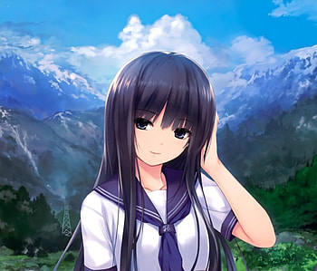 Anime girl, anime, pretty, skyland, montains, uniform, cute, girl, school HD wallpaper
