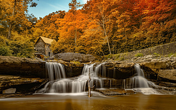 Glade Creek Grist Mill, West Virginia, fall, autumn, trees, colors, watermill, forest, usa, river, leaves, cascades HD wallpaper