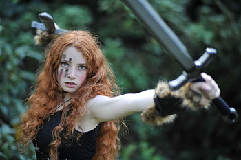 Warrior girl, woman, model, sword, cosplay, redhead, girl, warrior HD wallpaper