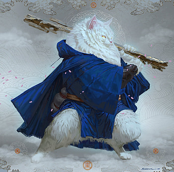 Kintsugi, blue, white, fantasy, art, yohann schepacz, cat HD wallpaper