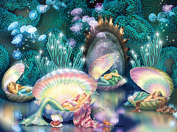 Sleeping mermaids, mermaid, art, fantasy, girl, watr, siren, shell, zorina baldescu, underwater, water HD wallpaper
